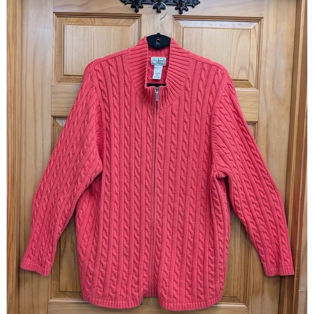 LL Bean Women's Large Cable Knit Sweater Full Zip Long Sleeves Coral